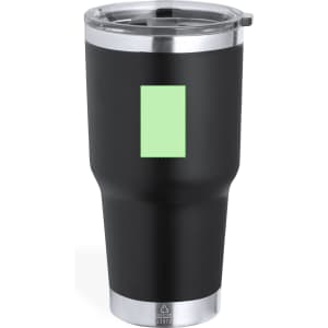 A travel mug in matte black with a clear lid and a branded area in light green.