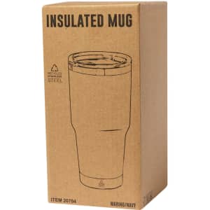 A travel mug in navy and marino, packaged in a cardboard box. Includes a logo on the product.