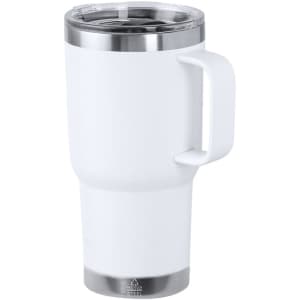 A drink mug in white with a stainless steel base and a clear lid, featuring a handle and a logo.