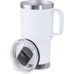 An insulated white coffee mug with a stainless steel rim and a clear lid, featuring a sturdy handle.
