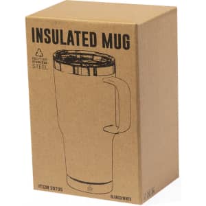 An insulated mug in a cardboard box, featuring a handle and a logo, coloured in white and stainless steel.