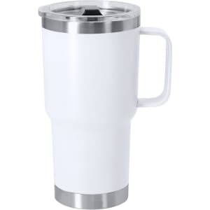 A drink bottle with a stainless steel base and white insulated design, featuring a handle and a transparent lid.