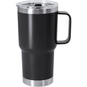 A black insulated mug with a silver base and a transparent lid. It features a handle and has a logo on it.