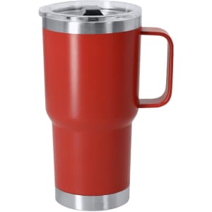 A red insulated mug with a stainless steel rim and a handle, featuring a lid.