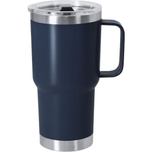 A drink bottle featuring a dark navy insulated design with a silver base and a clear lid, complete with a handle.