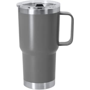 A drink bottle in grey with a stainless steel base and a clear lid, featuring a handle and a logo.