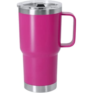 A drink bottle in bright pink with a stainless steel base and a clear lid, featuring a handle and a logo.