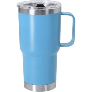 A drink bottle in bright blue with a stainless steel base, a lid, and a handle; features a brand logo.