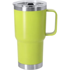 A drink bottle in bright green with a stainless steel base and a clear plastic lid featuring a handle.