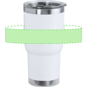 A white insulated mug with a stainless steel base and a clear lid, featuring a logo.