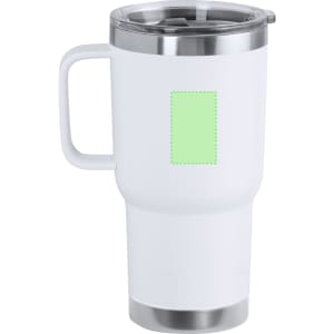 A white insulated mug with a stainless steel base and a clear lid. Features a handle and a logo area.