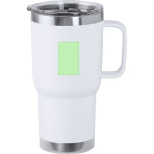 A drink mug with a white body and stainless steel base, featuring a clear lid and a handle. It has a logo area.
