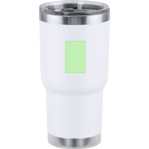 A white insulated mug with a stainless steel base and a clear lid. It features a blank area for branding.