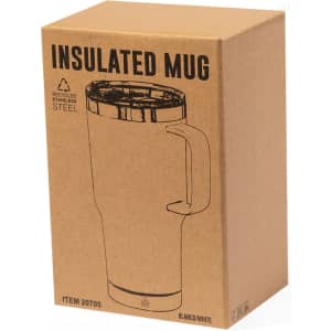 A drink bottle in a cardboard box, featuring an insulated mug with a stainless steel design in white.