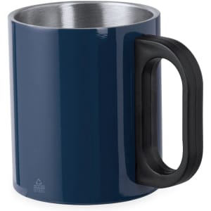 A navy blue coffee mug with a stainless steel interior and a black handle. It features a logo on the side.
