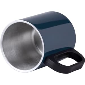 A dark blue coffee mug with a silver interior and a black handle, featuring a logo on the side.