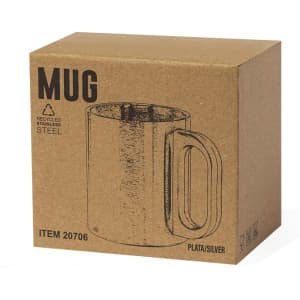 A silver stainless steel mug in a brown cardboard box, featuring a simple handle and a logo.