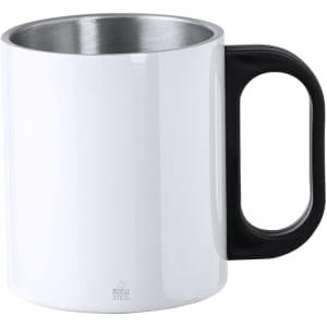A coffee mug with a glossy white exterior and a black handle, featuring a stainless steel interior and branding.