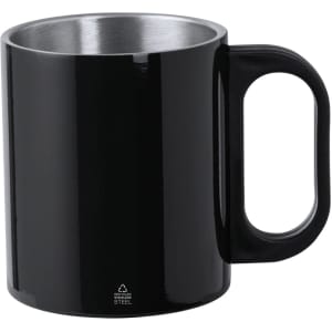 A black stainless steel mug with a sleek, minimalist design and a sturdy handle, featuring a logo on the bottom.