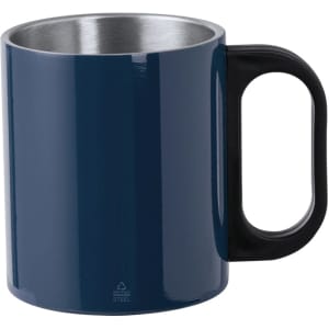 A navy blue coffee mug with a stainless steel interior and a black handle. Features a logo on the surface.