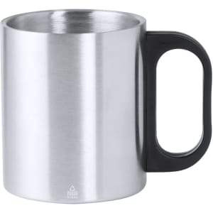 A stainless steel mug with a black handle, featuring a sleek, minimalist design and a logo.