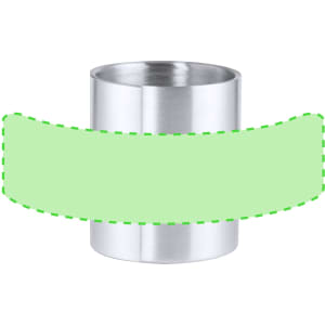 A silver stainless steel mug with a simple, sleek design. It features a branded logo.