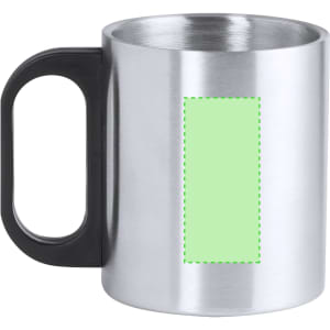 A stainless steel coffee mug with a black handle and an empty green label area for custom printing.