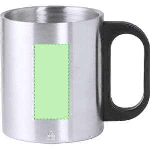 A stainless steel coffee mug with a black handle and an empty green space for branding.