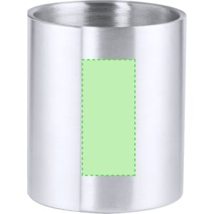 A stainless steel coffee mug featuring a green rectangular space for custom designs.