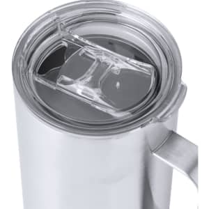 An insulated travel mug with a stainless steel exterior and a clear plastic lid featuring a sliding closure.