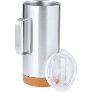 A travel mug with a stainless steel body, cork base, and a transparent lid. It features a handle for easy gripping.