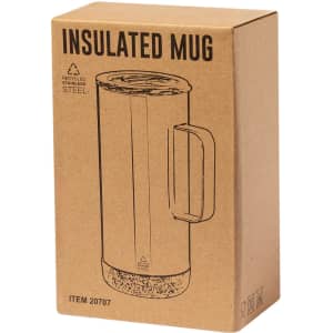 A travel mug made of recycled stainless steel, presented in a cardboard box, featuring a handle and a lid.