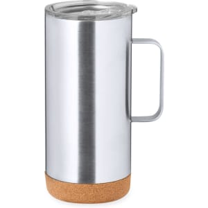 A travel mug with a stainless steel body, cork base, and transparent lid. It features a handle and has a logo.