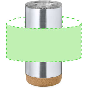 A drink bottle with a stainless steel body, clear lid, and a cork base, in a sleek, modern design.