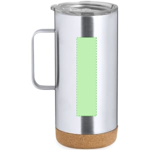 A travel mug featuring a silver stainless steel body with a cork base and transparent lid. It has a logo on the front.
