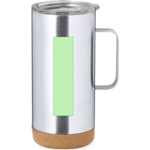 A stainless steel insulated mug with a cork base, featuring a clear lid and a handle. It has a blank area for branding.
