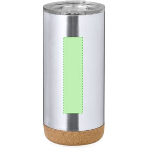 A silver insulated travel mug with a cork base and a transparent lid, featuring a blank green section.
