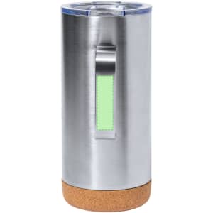 A travel mug featuring a stainless steel body, a cork base, and a clear lid with a handle. It also has a logo.