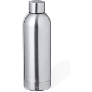 A drink bottle with a sleek stainless steel finish and a polished, rounded design. It features a screw-on lid and a logo.