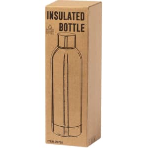 A drink bottle in a cylindrical shape, displayed in a cardboard box, featuring an insulated design and a logo.