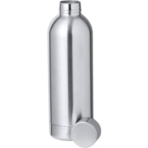 A drink bottle made of stainless steel, featuring a sleek design and a removable cap. It has a logo on the side.