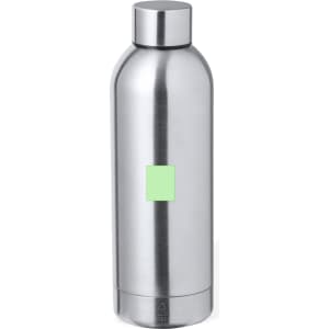 A drink bottle in silver stainless steel with a cylindrical shape and a screw-on lid, featuring a blank space for branding.