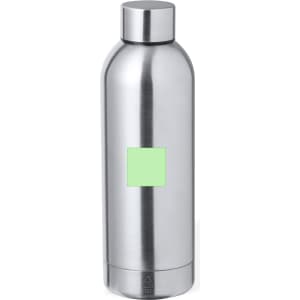 A drink bottle with a sleek stainless steel design and a blank area for branding.