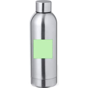 A drink bottle with a sleek stainless steel design and a prominent logo on the front.