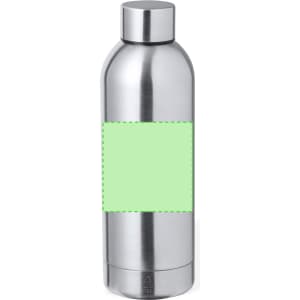 A drink bottle made of stainless steel featuring a blank green space and a silver finish, with a logo present.