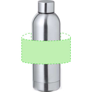 A drink bottle made of stainless steel with a sleek silver finish and a rounded design. It features a logo.