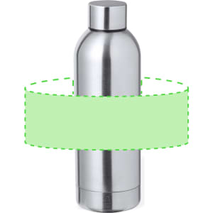 A drink bottle in a sleek stainless steel design with a metallic finish and a cap, featuring a branding logo.