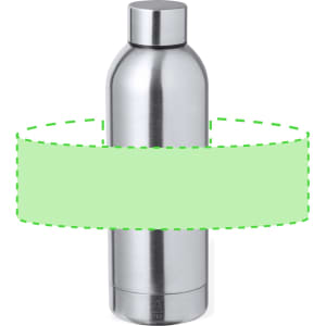 A drink bottle made of stainless steel with a sleek silver finish and a screw-on lid, featuring a logo.
