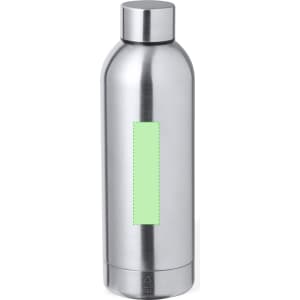 A drink bottle with a stainless steel finish and a green section, featuring a logo on the base.