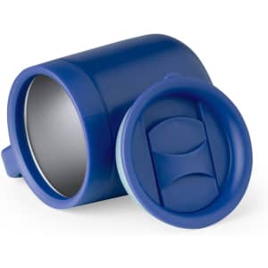 A blue insulated travel mug with a lid, featuring a smooth finish and a built-in handle.